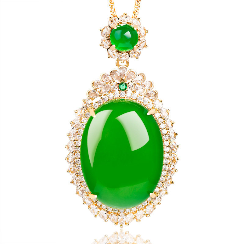 正品天然绿玛瑙蛋面铜镀金镶冰种玉石吊坠玉坠女款项链时尚挂件
