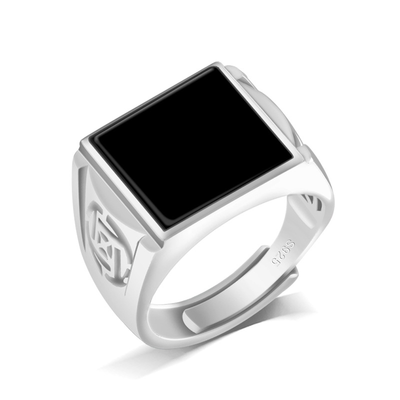 S925银天然A货翡翠墨翠马鞍戒冰种玉石墨玉戒指指环男女款可调节