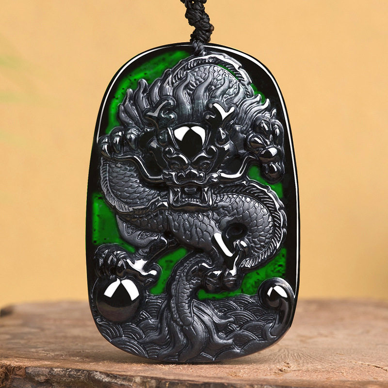 天然v正品墨翠a货保真翡翠墨玉龙牌玉石吊坠生肖龙冰种挂件玉器v