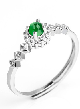 S925银镶嵌天然A货翡翠阳绿冰种玉石戒指时尚男士指环女款可调节