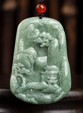 天然正品a货翡翠豆种山水牌望岳图玉石吊坠挂件玉佩男士女款玉器