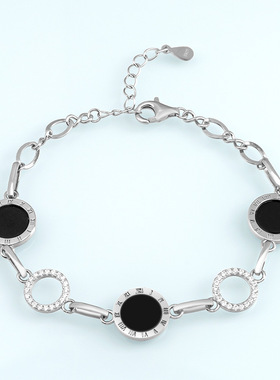 S925银镶嵌天然墨翠A货翡翠墨玉手链玉石简洁时尚女款银链可调节