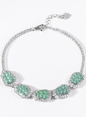 天然A货翡翠蓝水树叶叶子S925银镶手链冰种玉石女款时尚高档饰品