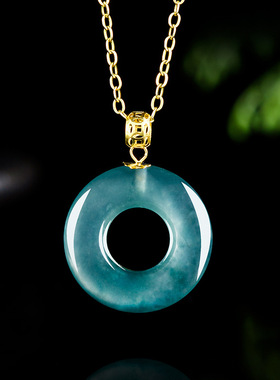 高档天然A货翡翠蓝水甜甜圈玉环吊坠冰种玉石18K金扣挂件女士时尚