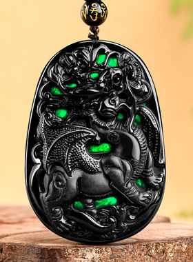 天然正品墨翠A货翡翠墨玉飞天麒麟吊坠冰种玉石通财男女项链挂件