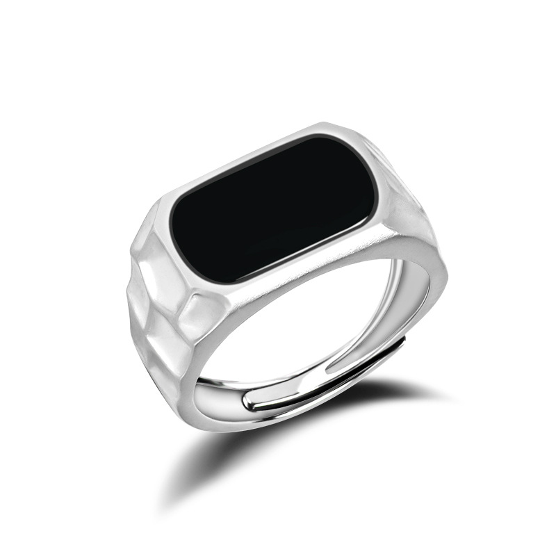 S925银天然A货翡翠墨翠马鞍戒冰种玉石墨玉戒指指环男女款可调节