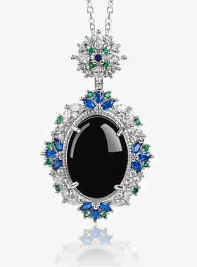 S925银镶天然正品墨翠A货翡翠墨玉玉石吊坠时尚简约大气女款高档