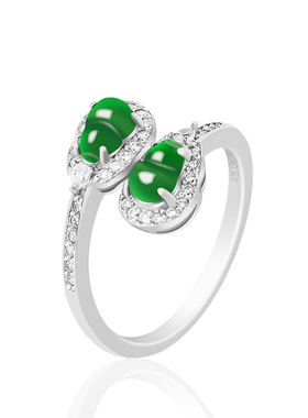 S925银镶天然A货翡翠双葫芦阳绿冰种玉石戒指时尚指环女款可调节