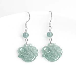 天然A货翡翠蓝水平安仿古龙耳环S925银冰种玉石时尚女款耳坠耳饰