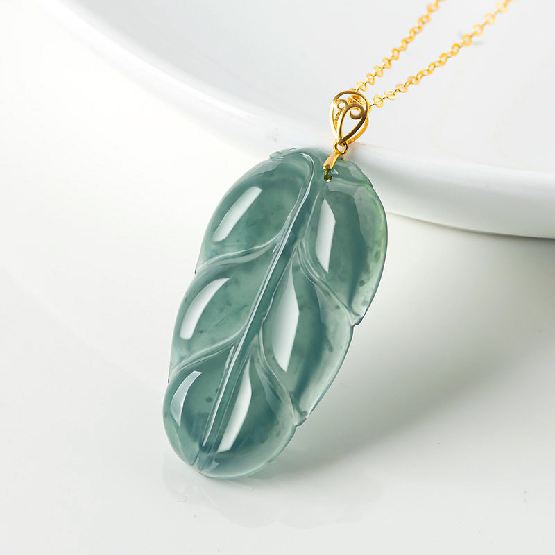 天然A货翡翠蓝水树叶吊坠18K金镶嵌冰种玉石挂件花件女款玉坠项链