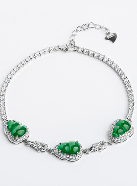 天然正品a货翡翠阳绿葫芦手链冰种S925银镶玉石女款时尚饰品高档