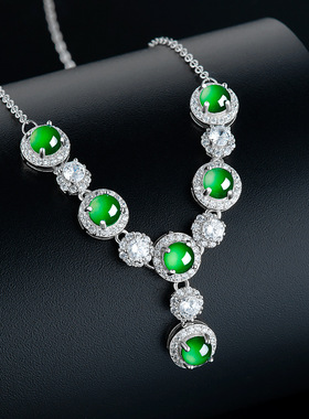 高档天然a货翡翠阳绿蛋面吊坠S925银镶冰种玉石女款时尚挂件套链