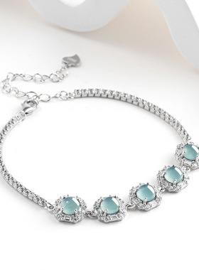 天然A货翡翠蓝水蛋面公主手链S925银镶冰种玉石女款时尚高档手饰