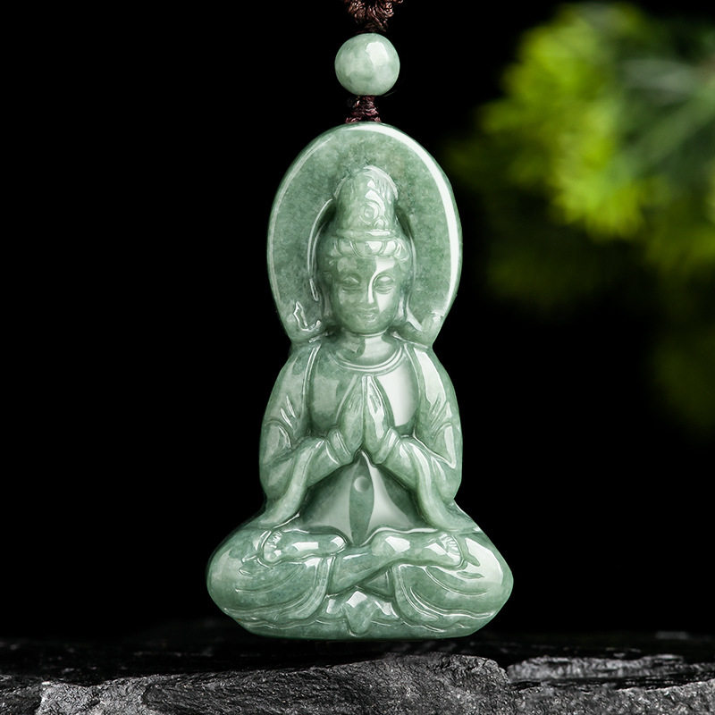 天然正品a货翡翠豆种立体观音菩萨吊坠玉石挂件玉佩男士项链女款