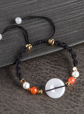 高档手工编织天然A货翡翠平安扣手绳手链女款本命年红色手饰饰品