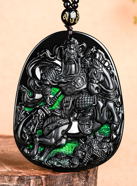 天然正品a货翡翠墨翠关公千里走单骑吊坠冰种玉石项链男女挂件