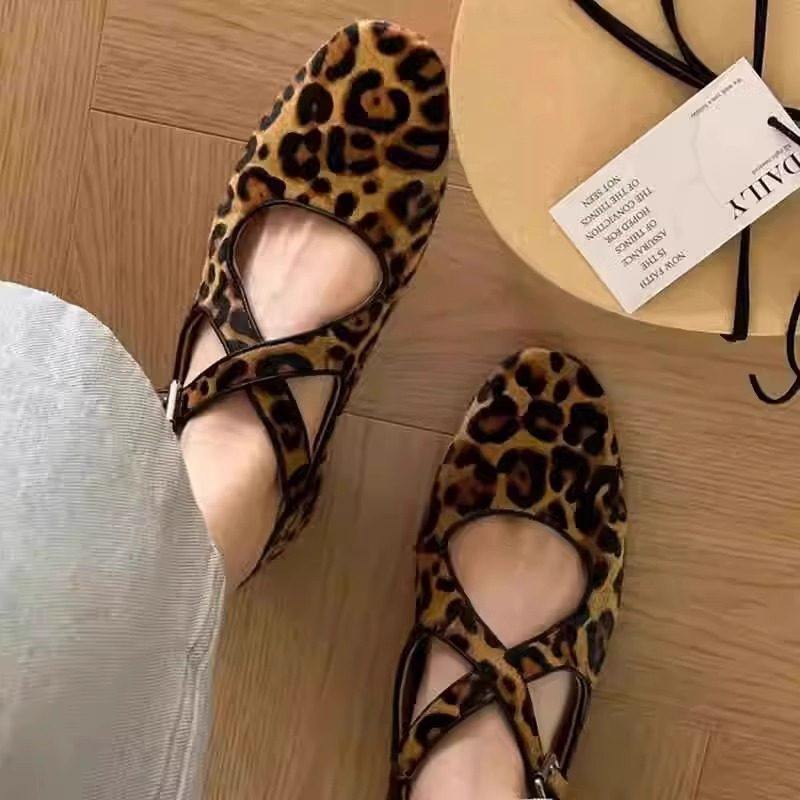 韩系豹纹交叉带平底芭蕾鞋女圆头百搭配裙子小众高级感复古单鞋,女鞋,时尚休闲鞋,淘宝优惠券,粉丝福利购,淘宝优惠卷