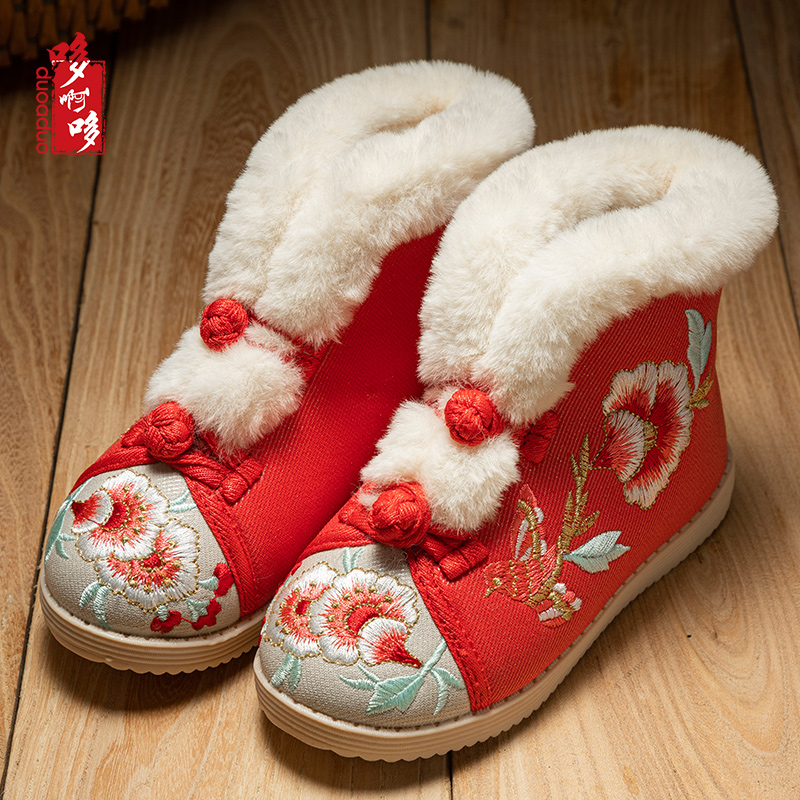 汉服鞋子女童冬季加绒绣花鞋