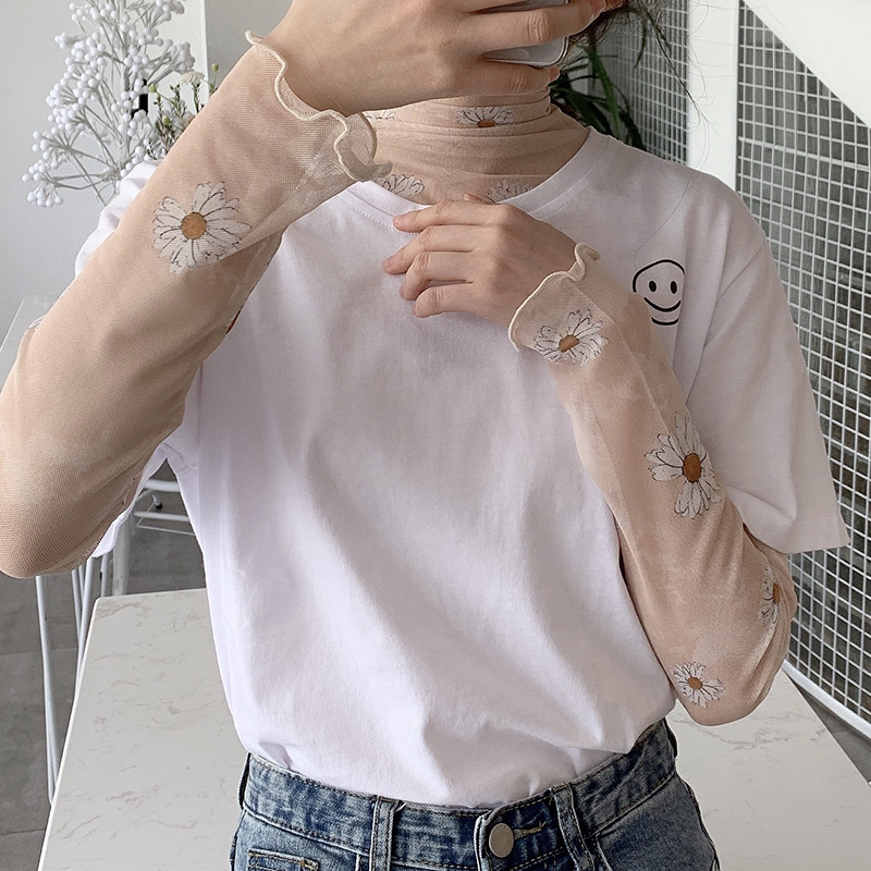 2025春夏新款小雏菊防晒打底衫内搭蕾丝网纱冰丝上衣长袖T恤女薄