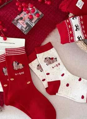 新年红色袜子女本命年秋冬中筒袜2026马年冬季可爱卡通抗起球长袜