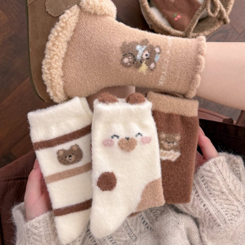 可爱小猫澳绒袜子女秋冬季中筒袜加绒加厚保暖毛绒袜长袜子冬天