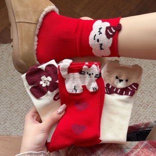 本命年新年大红袜子女毛茸茸可爱卡通蝴蝶结猫咪学院风女士鸿运袜