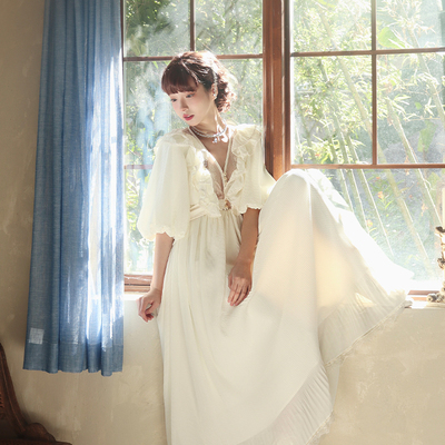 AF【爱德华古董睡裙】原创设计法式提花棉cla古典褶皱雪纺睡裙