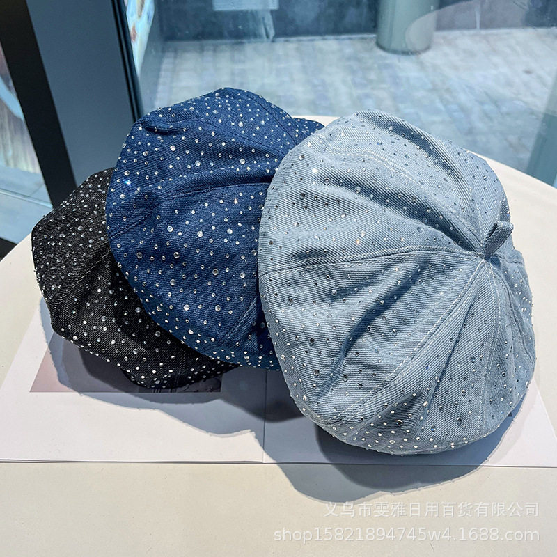 牛仔布满天星烫钻贝雷帽子女显脸小画家帽蓓蕾帽贝雷帽女夏季薄款