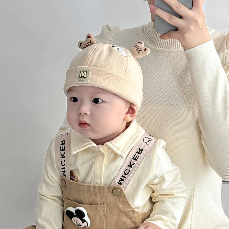 婴儿帽子秋冬季超萌小熊幼儿男童地主帽春秋纯棉小月龄宝宝瓜皮帽