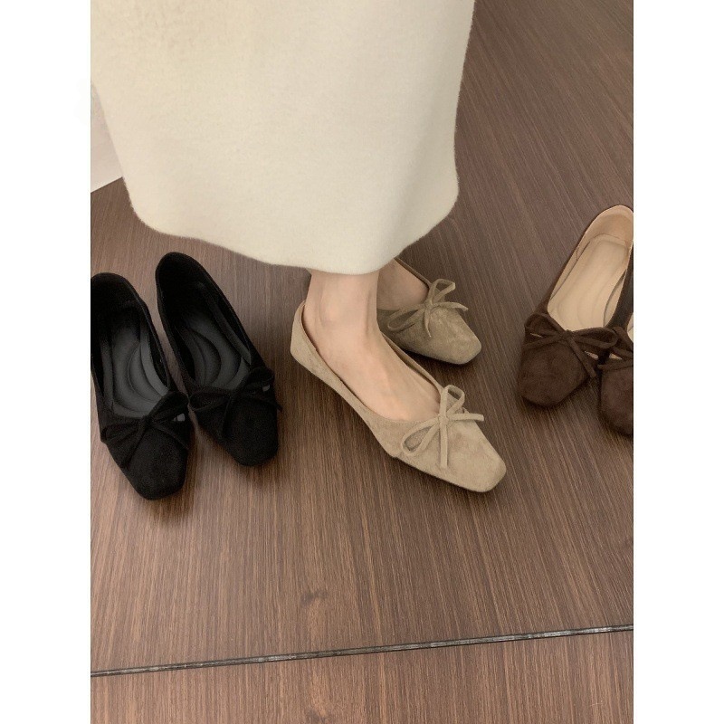 法式晚晚风绒面蝴蝶结浅口小方头瓢鞋百搭不累脚内通勤单鞋女