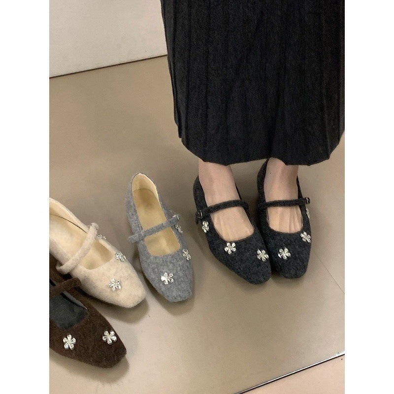 水钻花朵时尚玛丽珍鞋女秋冬法式绝美单鞋内毛毛鞋