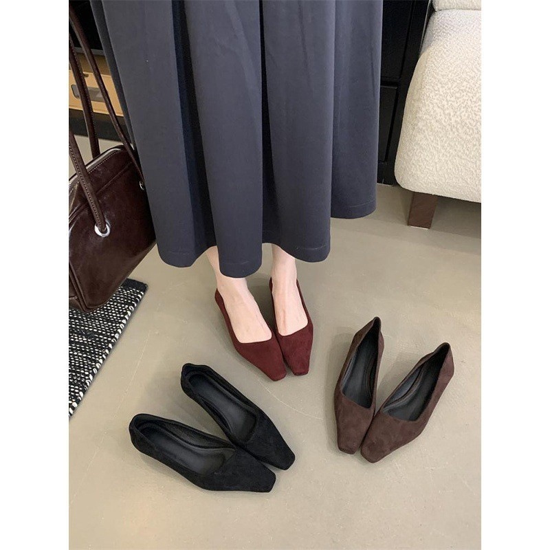 2025年春秋季新款法式方头绒面斜口粗跟高跟鞋女职业低跟浅口单鞋