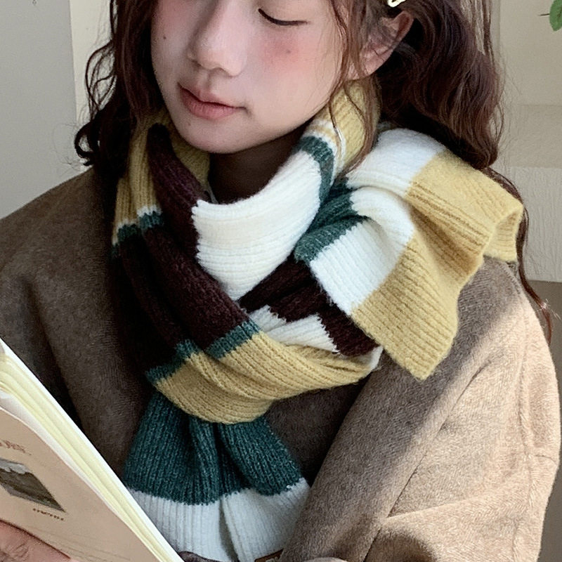 柔软触感韩国chic拼色条纹围巾日韩复古长款冬季保暖针织围脖男女