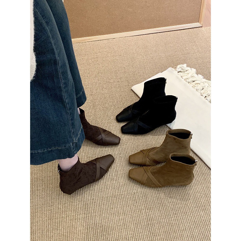 法式复古方头粗跟短筒靴子女秋冬新款咖色美拉德瘦瘦靴切尔西短靴