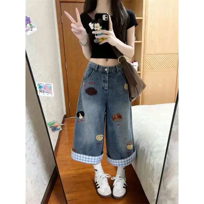 小个子蓝色七分裤夏季百搭牛仔中裤美式卡通卷边新款裤子舒适女