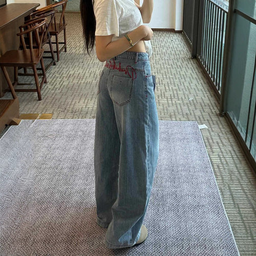 薄款美式复古刺绣弯刀牛仔裤女夏季新款高腰宽松直筒阔腿镰刀裤子