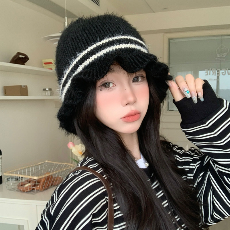 韩系甜美简约针织帽秋冬休闲撞色毛线帽防风保暖帽子大头围女款