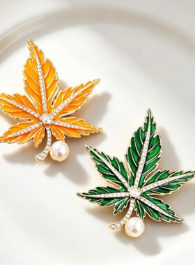 奢华枫叶水钻珍珠西装领针配饰品