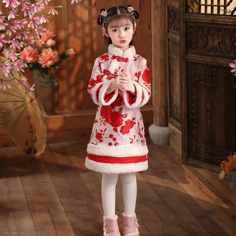 巴拉巴拉女童旗袍冬裙2021新款儿童中国风唐装冬装汉服女新年装加