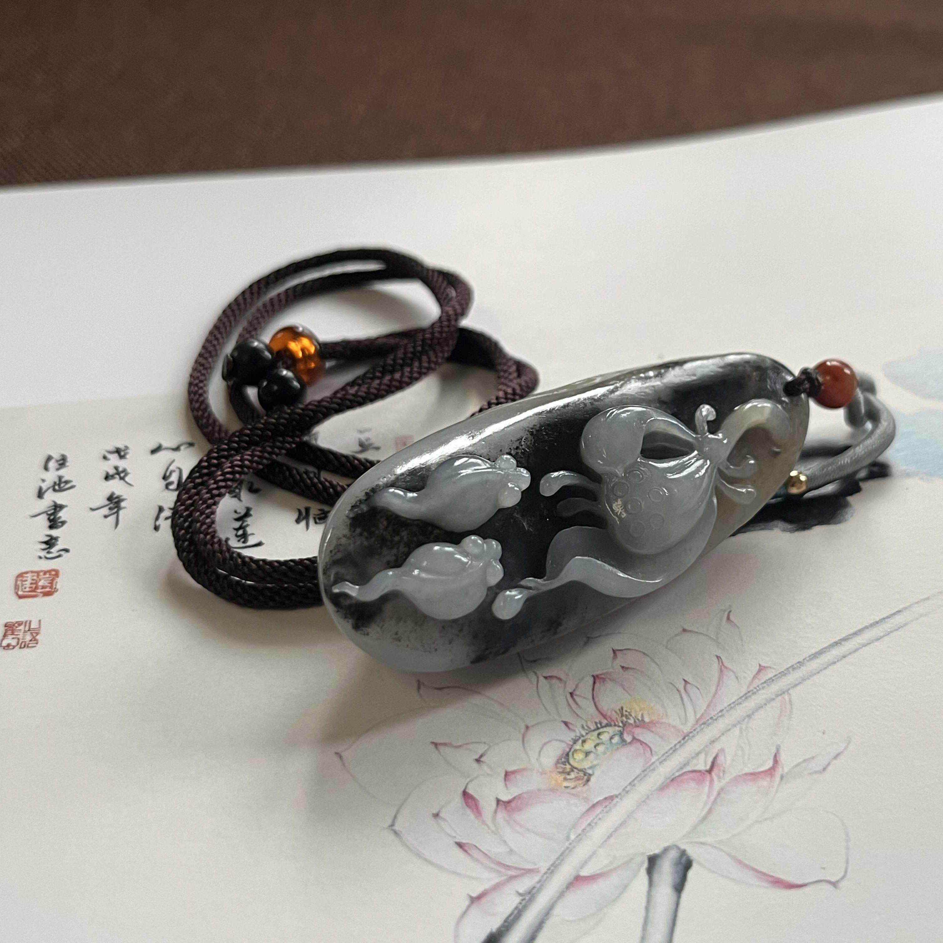 【戏莲】和田玉籽料鲤鱼莲花青花带糖吊坠 俄三色吊坠附证书 特价