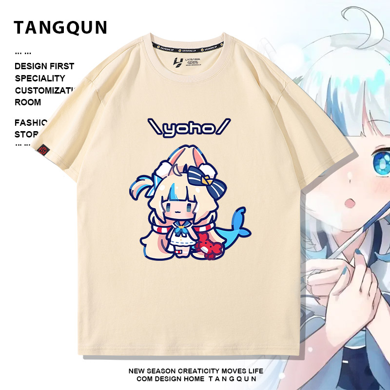 二次元卡通Q版猫鲨Sameko Saba鲨鱼娘古拉Vtuber短袖夏男百搭T恤