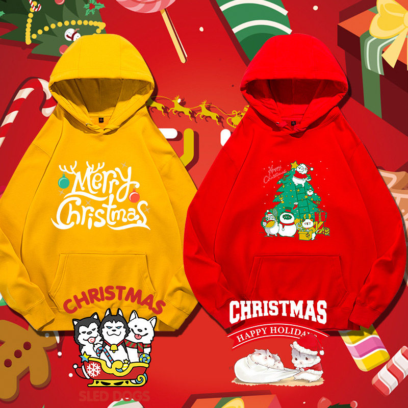 情侣卫衣秋冬款圣诞节定制男女加绒加厚连帽上衣大红色带帽外套衫