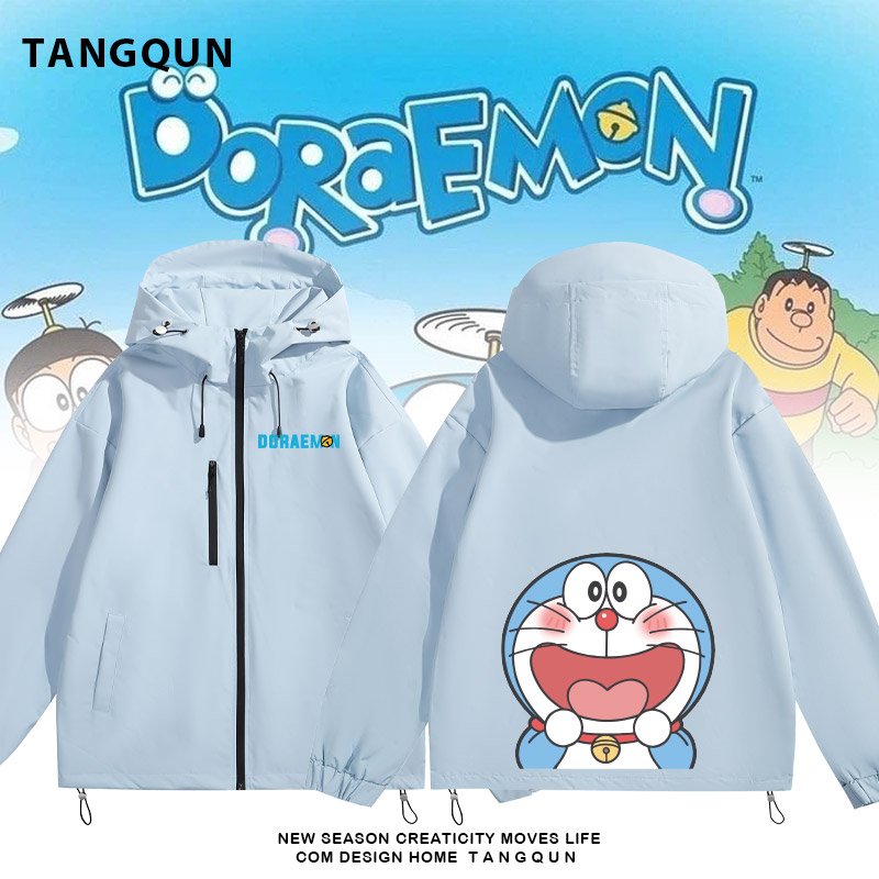 卡通叮当猫动漫周边衣服男女情侣装连帽冲锋衣夹克休闲防风外套服