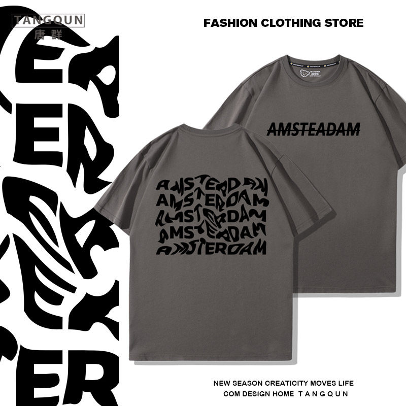 美式复古英文字母T恤男克莱因蓝短袖夏季纯棉宽松韩版情侣上衣潮