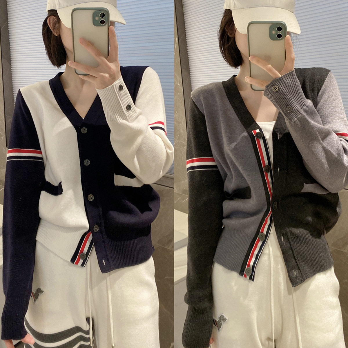 tb羊毛开衫男女款宽松显瘦慵懒V领四杠条纹五扣织带针织圆领毛衣