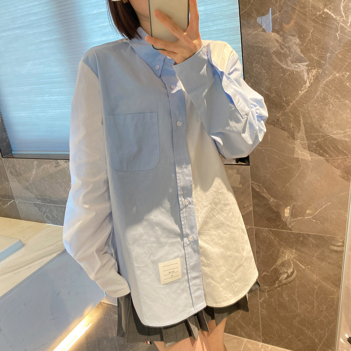 tb学院风衬衫设蓝白拼接计感双袖织带衬衣宽松慵懒男女情侣外套