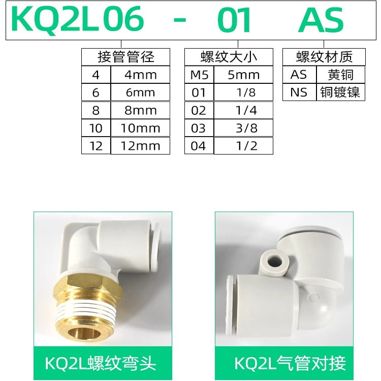 SMC气管弯通接头KQ2L06-M5A KQ2L04/08/10/12-M5N/01/02/03AS/00A
