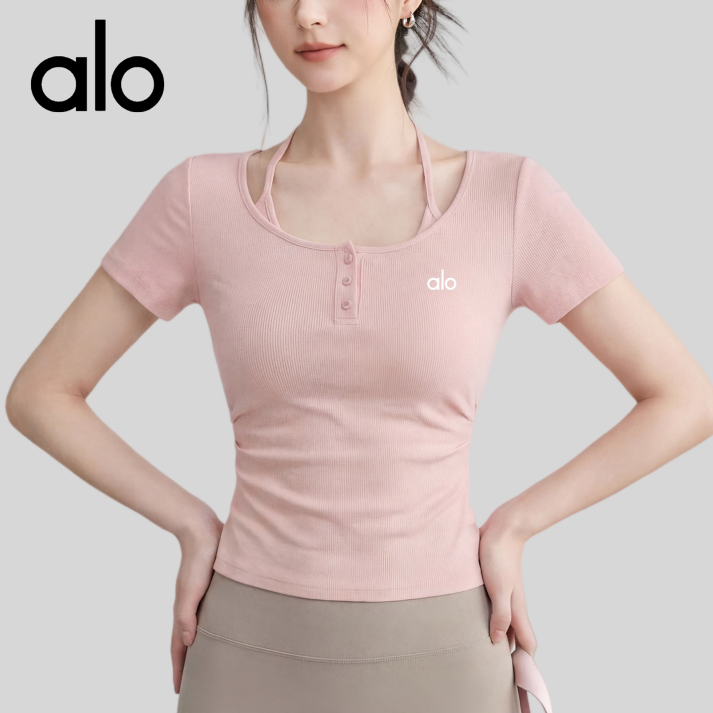 AIo瑜伽服假两件带胸垫t恤女跑步运动上衣普拉提修身大领口健身衣