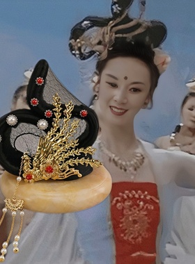 古风嫦娥飞天发髻头饰古装造型凤凰金色流苏发饰高温丝黑色假发包