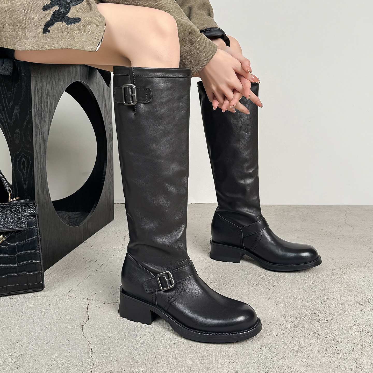 意大利头层牛皮显瘦骑士靴长筒靴